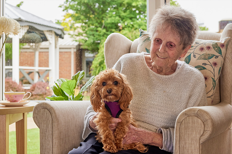 An older woman sitting in a chair, gently holding a dog in her lap, both looking content and peaceful.