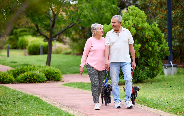 Couple walking their dogs around a lake