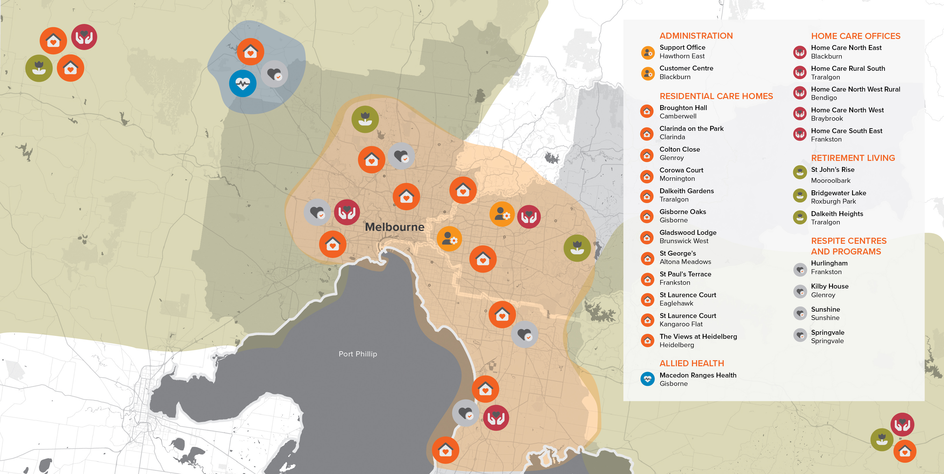 A map showcasing the various Benetas services in regions of Victoria.